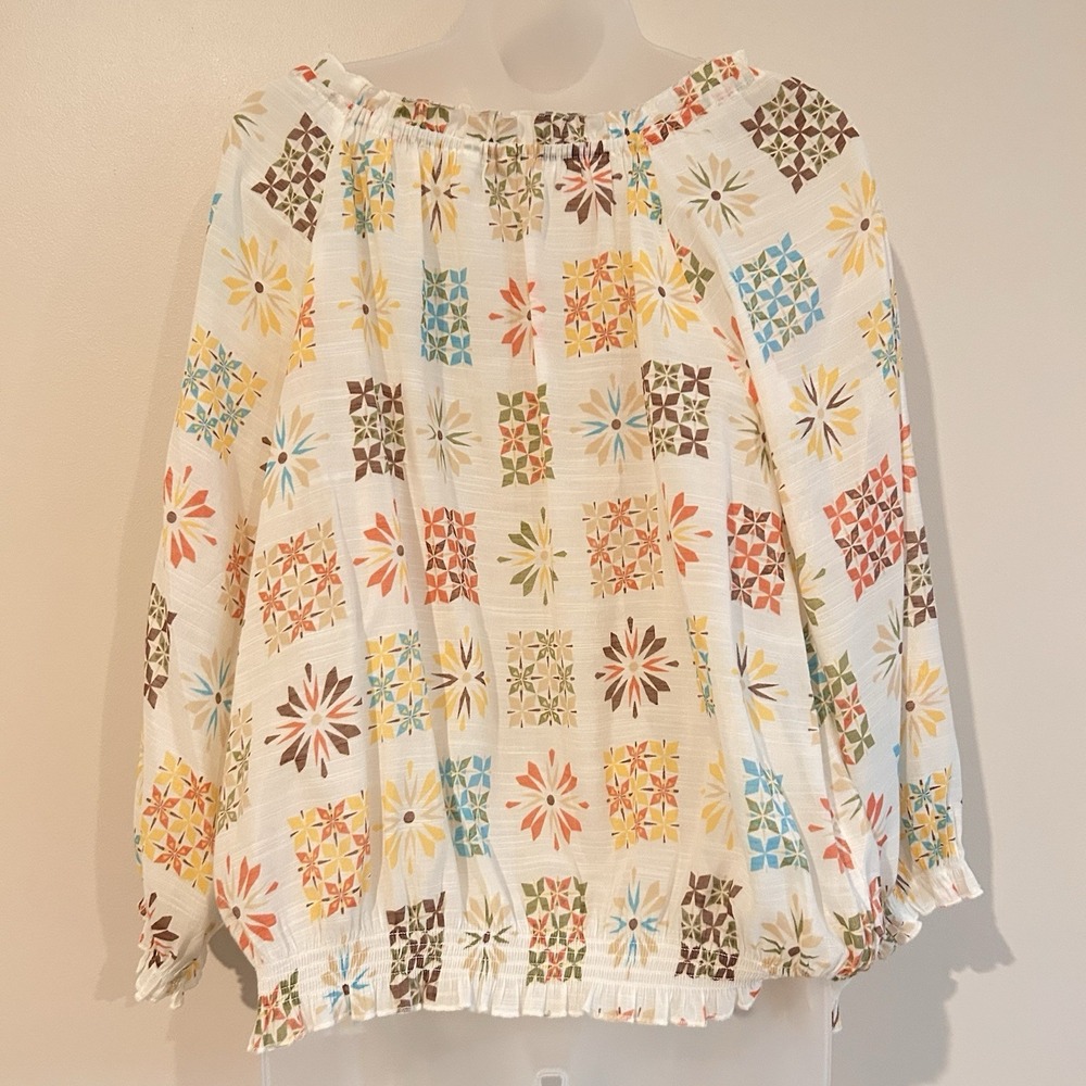 Floral Blouse Sz L Cottagecore Sheer Lightweight Boho 3/4 Balloon Sleeve Ruffle - Picture 5 of 14